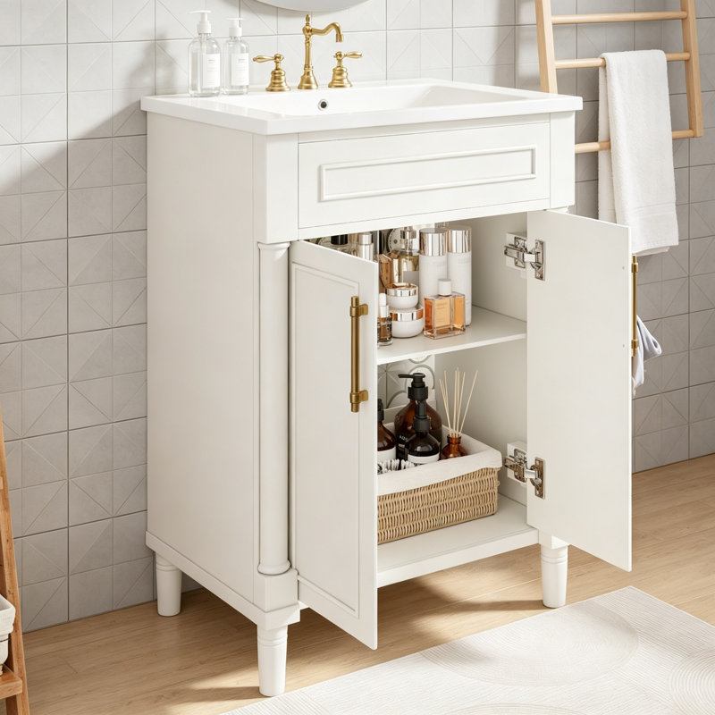 Meuble-lavabo 24 po avec lavabo intégré en céramique, meuble-lavabo à 2 portes et meuble-lavabo simple pour petite et moyenne salle de bain