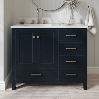 Flynt 43'' Solid Wood Single Bathroom Vanity in Midnight Blue, with 0.75'' Carrara Marble Top, Left Offset, Rectangle Sink