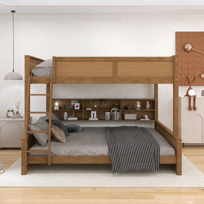 Solid Wood Full XL over Queen Bunk Bed with Storage Cabinets and USB Ports, Antique Wood Color