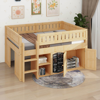Lit mezzanine double avec armoire de rangement et tableau noir