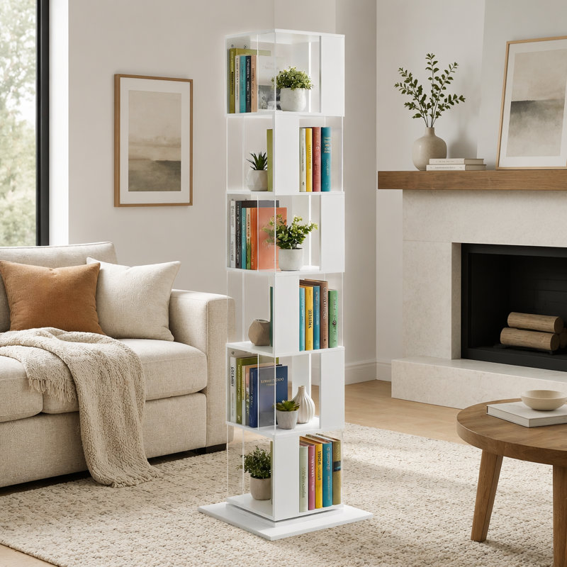 Bibliothèque rotative à 6 niveaux avec plaque en acrylique, support de plancher compact et élégant pour une utilisation multifonctionnelle dans les salons