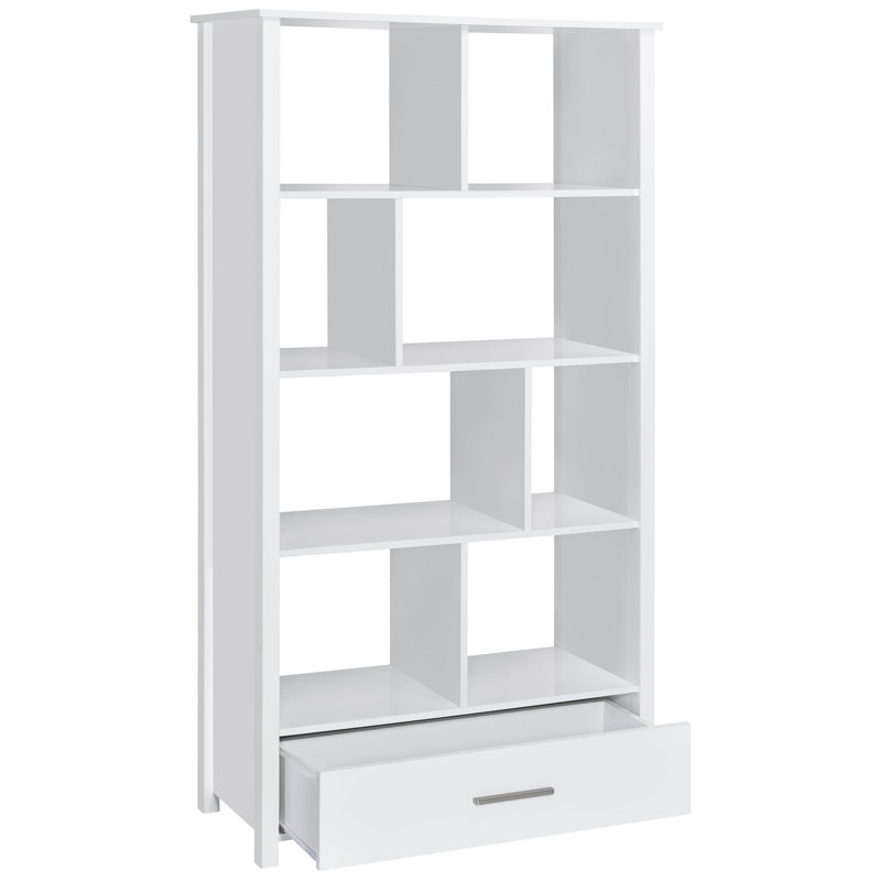 Étagère de rangement à 4 tablettes blanche ultrabrillante avec plateau supérieur et inférieur en verre courbé pour le rangement, servant de paravent dans les espaces de vie principaux, tiroir de bibliothèque de 68 pouces de hauteur, utilisé