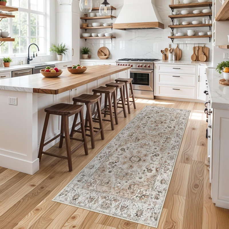 Washable Hallway Rug: Non Slip Rugs with Rubber Backing Soft Kitchen Rug Farmhouse Distressed Carpet for Living Room Bedroom Bathroom (Beige)