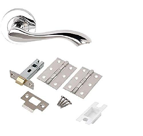 Golden Grace 5 Sets Cadenza Design Door Handle Lever on Round Rose Furniture in Polished Chrome Finish with Latch & Hinges