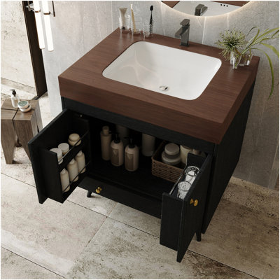Meuble-lavabo autoportant contemporain avec plateau en faux marbre et lavabo en céramique, armoire de rangement à double porte de 30 po, bois d'ingénierie imperméable