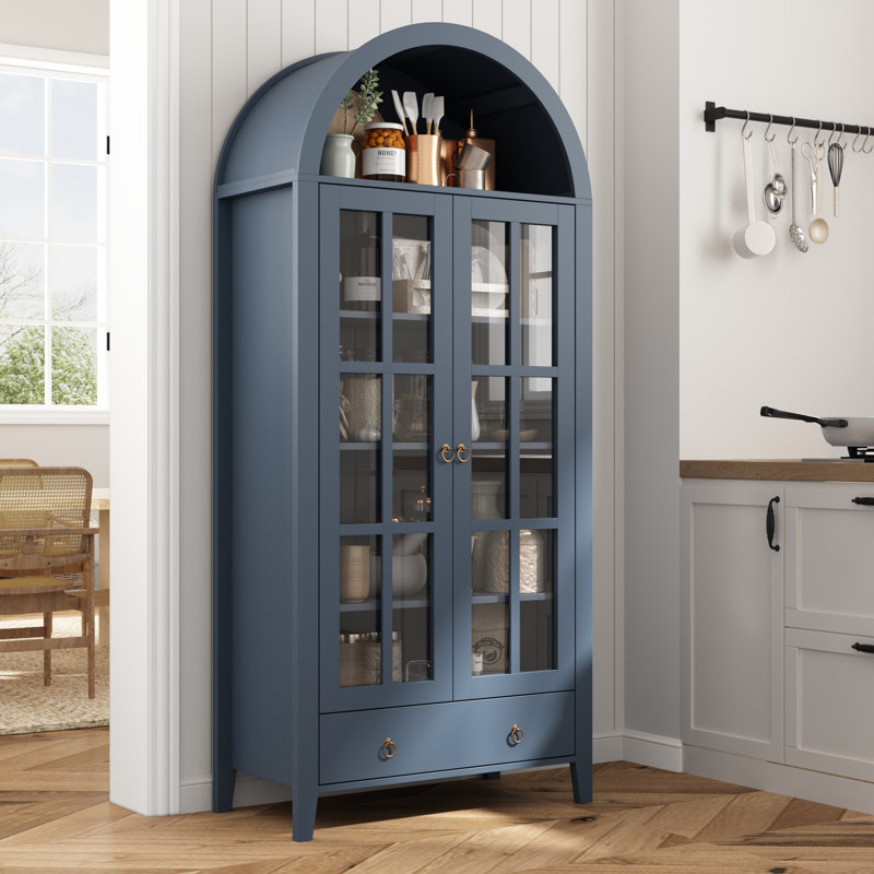 Kalaen 71" Arched Display Wood Cabinet with Tempered Glass and Adjustable Shelves (Dark Blue Color), Dark Blue