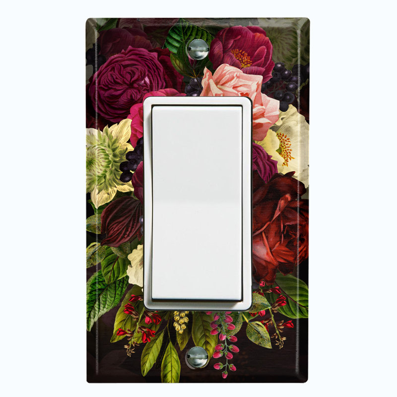 Metal Light Switch Plate Outlet Cover (Flower Rose Red White 2 - Single Rocker)