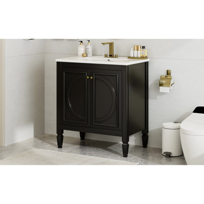 Meuble-lavabo de 30 po avec lavabo, style rétro. Armoire peinte en noir, lavabo en bois véritable et vasque en céramique, vaste étagère design. Noir, plateau lisse