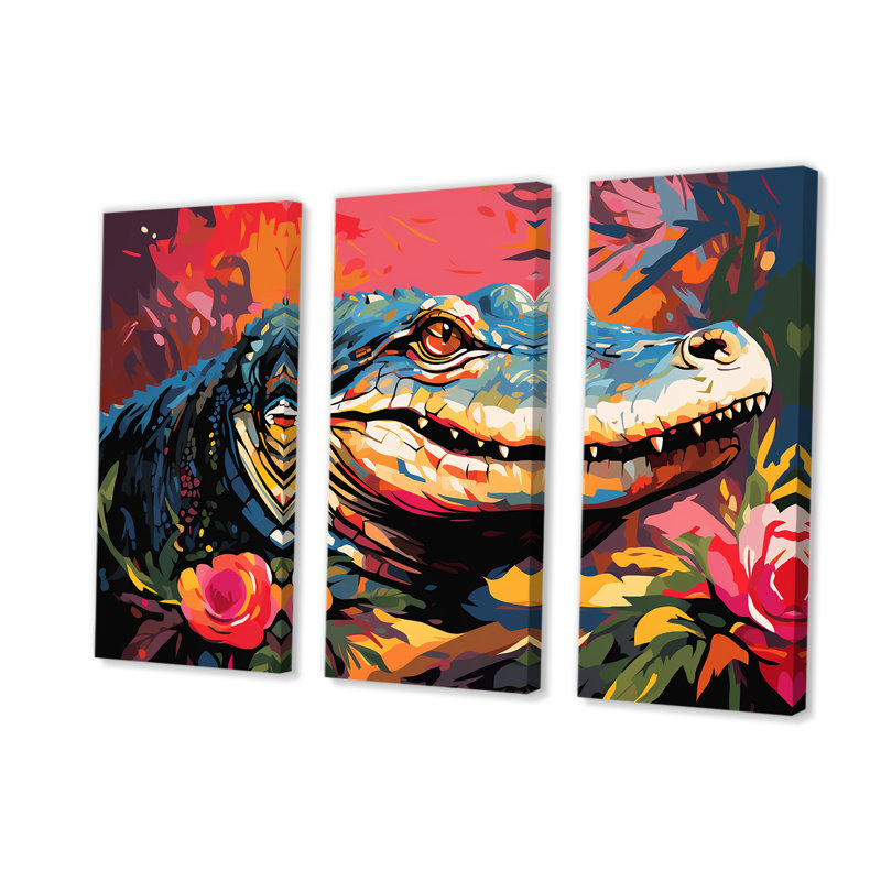 Pop Art alligator Blooms II - crocodile, art mural, Toile tendue, H 28 po x l 36 po