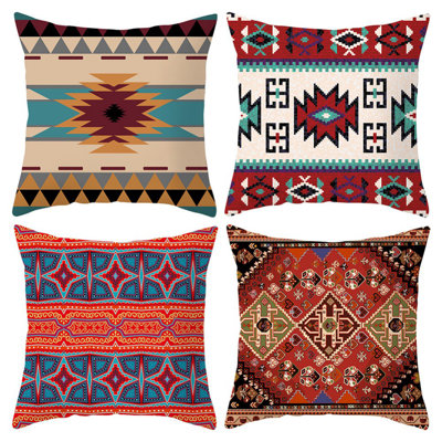 Set of 4 Bohemian Moroccan Throw Pillow Covers, 18"x18" Soft Polyester Machine Washable Cushion Cases with Hidden Zipper for Living Room Bedroom Decor