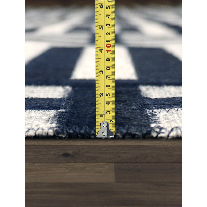 Blue and White Geometric Cowhide 4' x 6' Handmade Rug