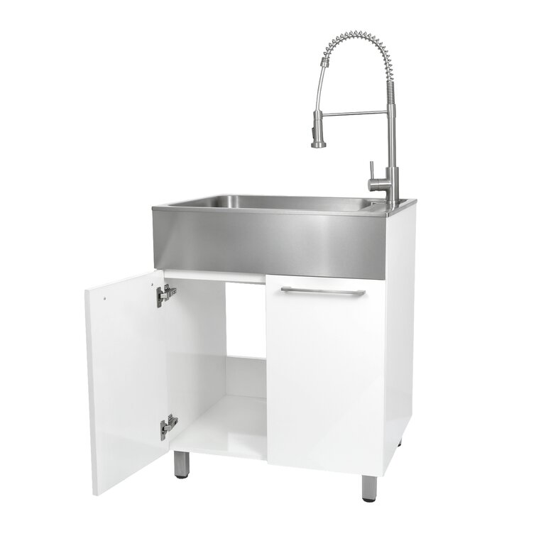 presenza All-in-One 28 in. x 22 in. x 33.8 in. Stainless Steel Drop-In Sink and Cabinet with Faucet in White, Brushed Stainless Steel