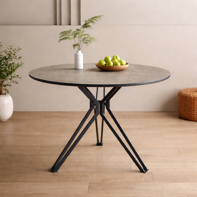 Table de salle à manger ronde 35 po aspect pierre grise avec base en forme de X noire - Table bistro industrielle moderne