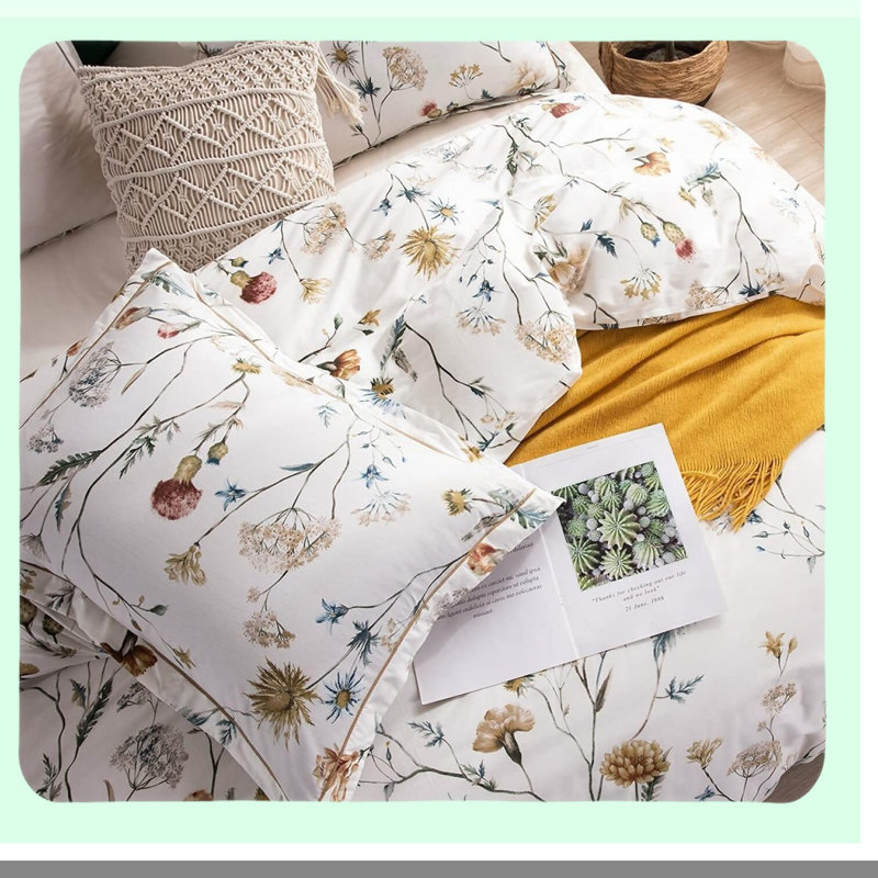 Blue Blush Floral Cotton Comforter Set - Queen Size 600 Thread Count Down Alternative Bedding - White Printed Flowers - 3 Piece Set