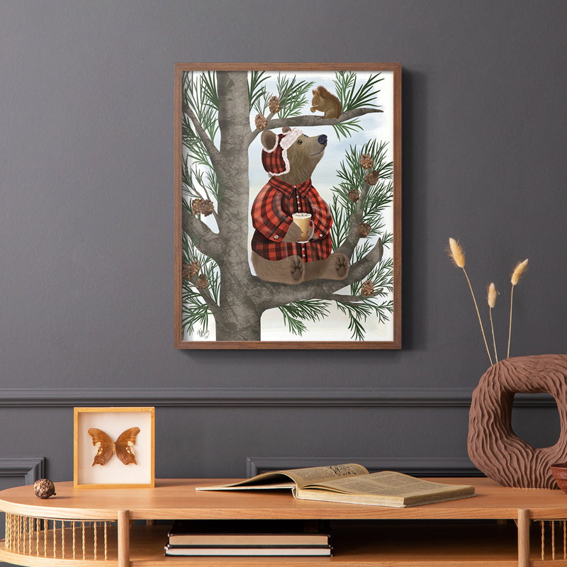 «Lumberjack Bear Pine Tree Coffee Break», reproduction encadrée - bois massif, Brun, H 28 po x l 22 po