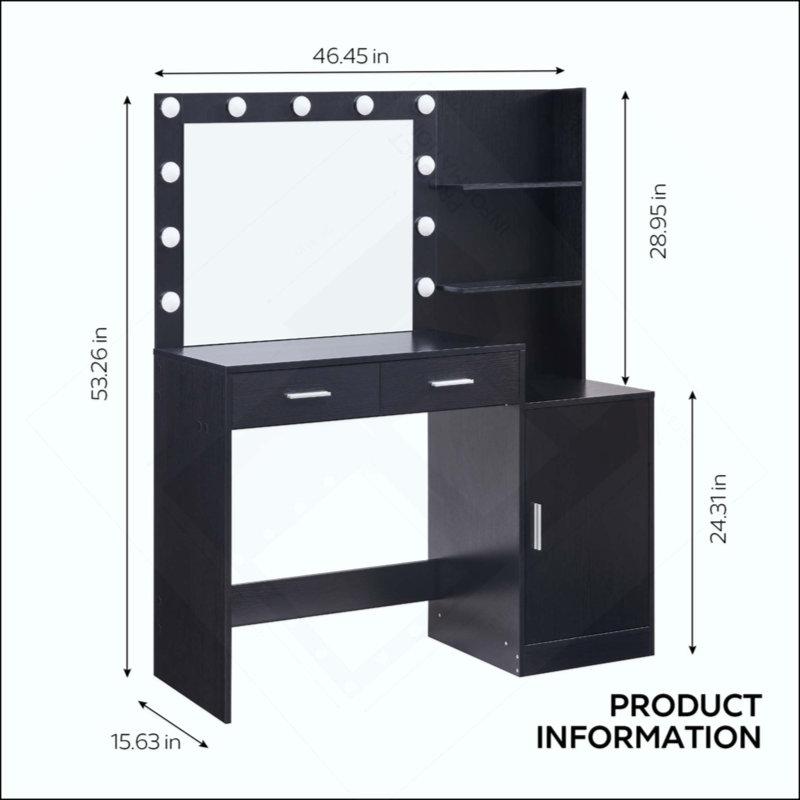 Vanity Desk With Mirror And Lights, 46.4IN Dressing Table With 2 Drawer&Large Vertical Organizer, 3 Level Dresser & 3 Lighting Modes Adjustable Brightness, Suitable For Bedroom