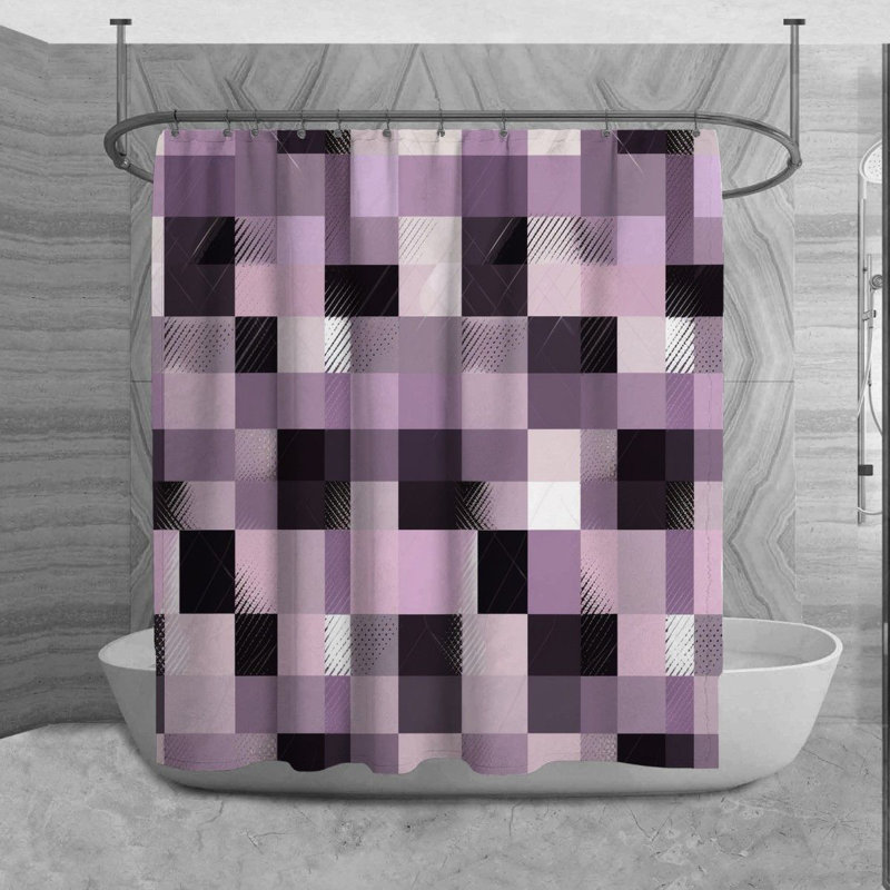 Checkered Shower Curtain Pattern Bath Mat Purple Bathroom Decor, H 73 po x l 70 po