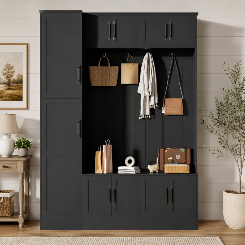79'' Tall Hall Tree with Storage Cabinets, 4-in-1 Entryway Bench with Coat Hooks and Adjustable Shelf, Modern Entryway Organizer for Hallway Living Room
