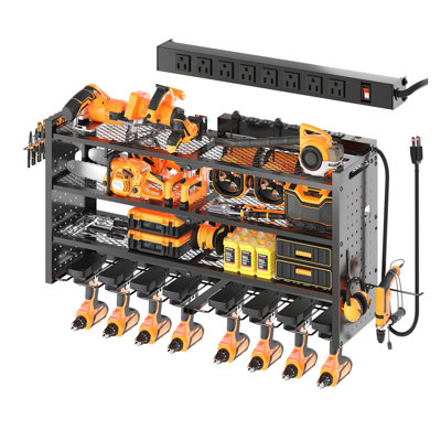 33-Inch Wall-Mounted Steel Power Tool Organizer with Charging Station and Drill Rack in Black