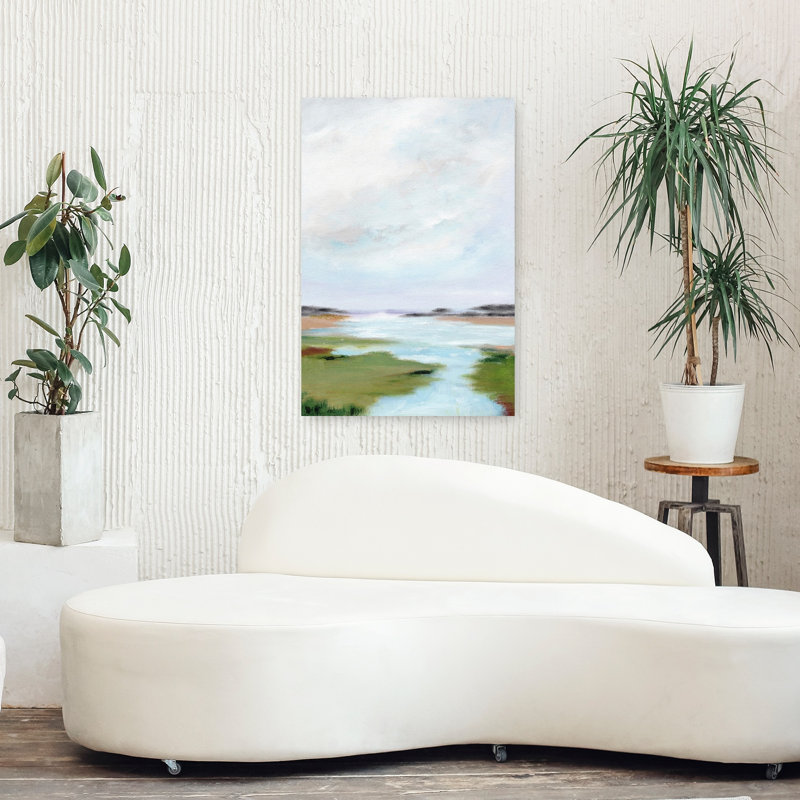«Serene Marsh Landscape», impressionnant paysage pacifique côtier impressionniste, 36" H x 24" W
