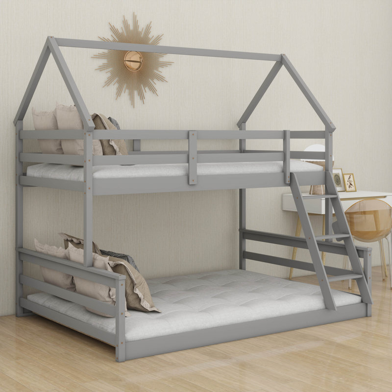 House Floor Bunk Bed With Ladder Twin Over Full,Wood Low Bunk Bed For Kids Juniors, Space-Saving,No Box Spring Needed, Gray