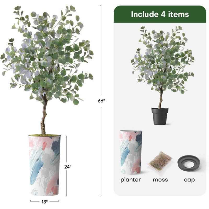 Arbre artificiel dans un pot de fleurs moderne, faux arbre en soie d'eucalyptus (décoration en pot et arbre)