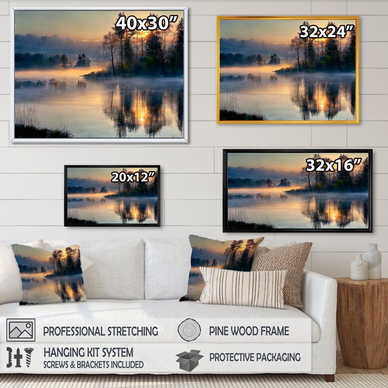 Rasheed Morning Fog over the Lake Sunset II - Print on Canvas, 24" H x 32" W x 1" D, Black Floater Framed