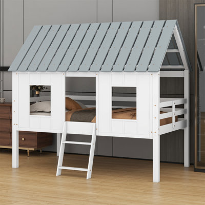 Low Loft House Bed With Roof And Two Front Windows