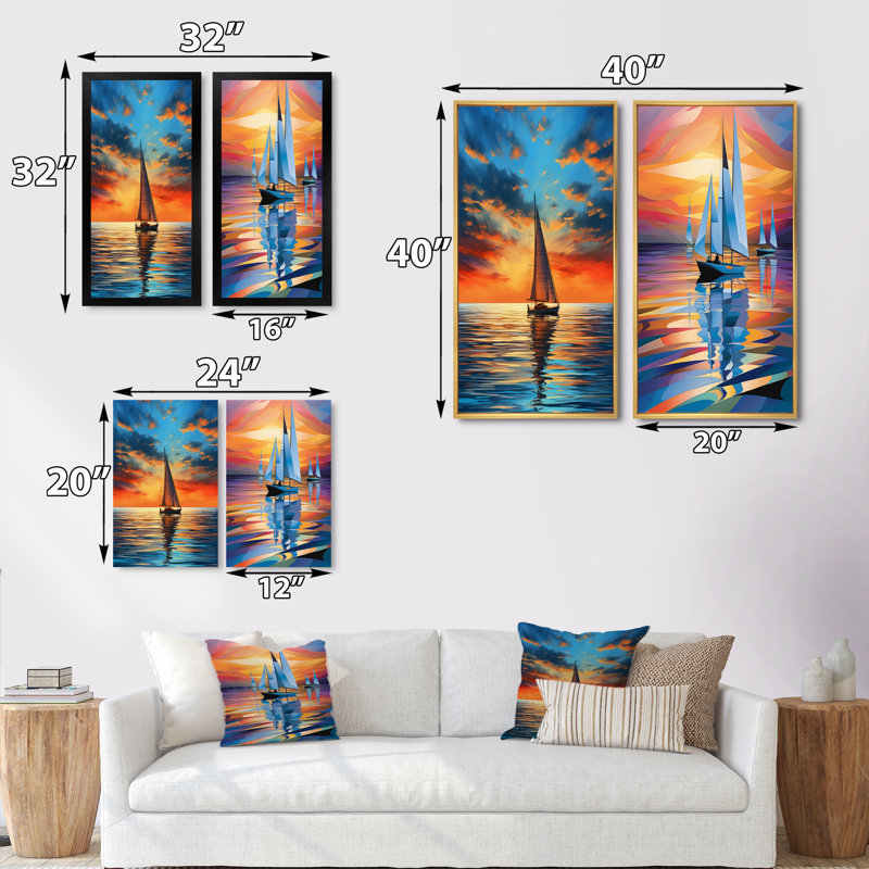 "Voilier Harmony en mer" 2 pièces, Encadrement doré, H 32 po x l 32 po