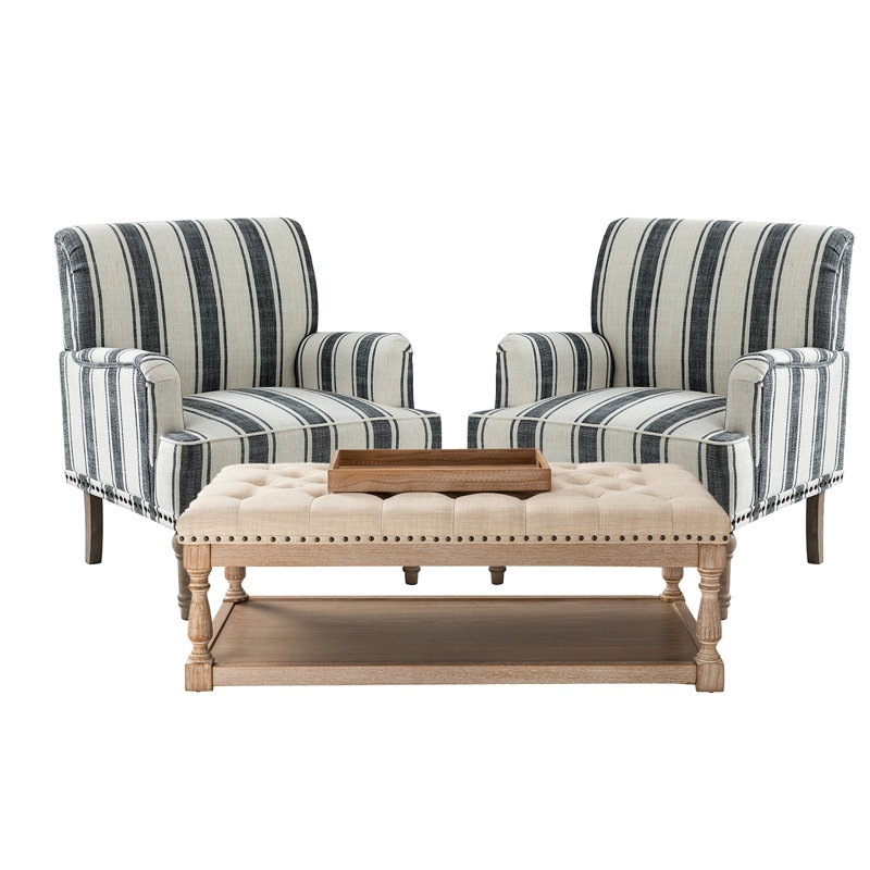 Arching Clymer Farmhouse 3-Piece Living Room Set With Ottoman And Accent Chairs-LINEN, Black