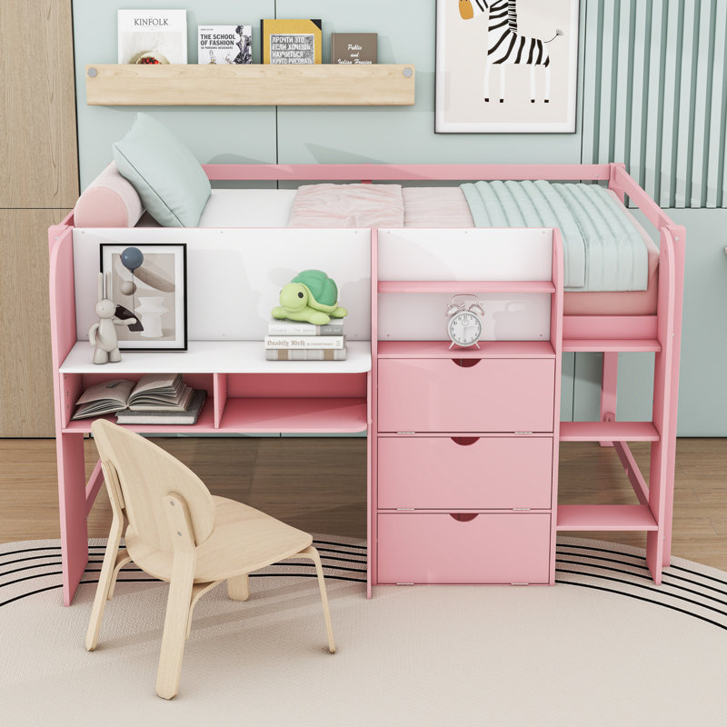 Full Wooden Loft Bed With Desk And Shelves And Whiteboard And Cabinets, Pink