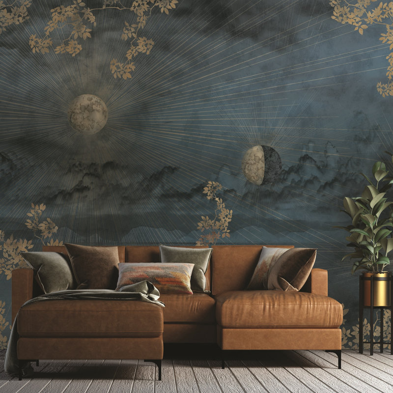 Celestial Night Sky Wallpaper Mural Golden Foliage Moon, Blue, 110.04" L x 204" W
