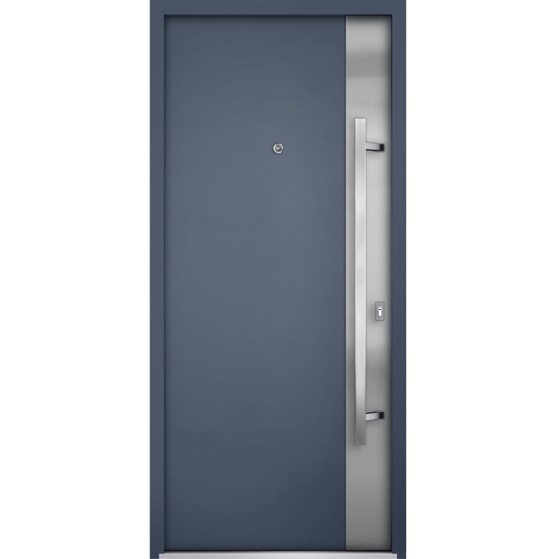 Porte avant en acier pré-suspendue à l'avant / deux graphites gris 0729 / inserts en acier inoxydable simples peints modernes - l 36 po x H 80 po - Gauche à l'intérieur