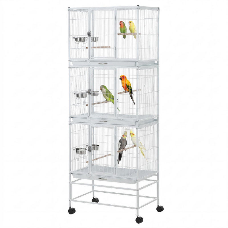 Grande cage à oiseaux de 74 po avec 3 cloisons, volière robuste pour perruches et conures, cage de reproduction noire avec plateaux coulissants pour abris multi-oiseaux, blanc