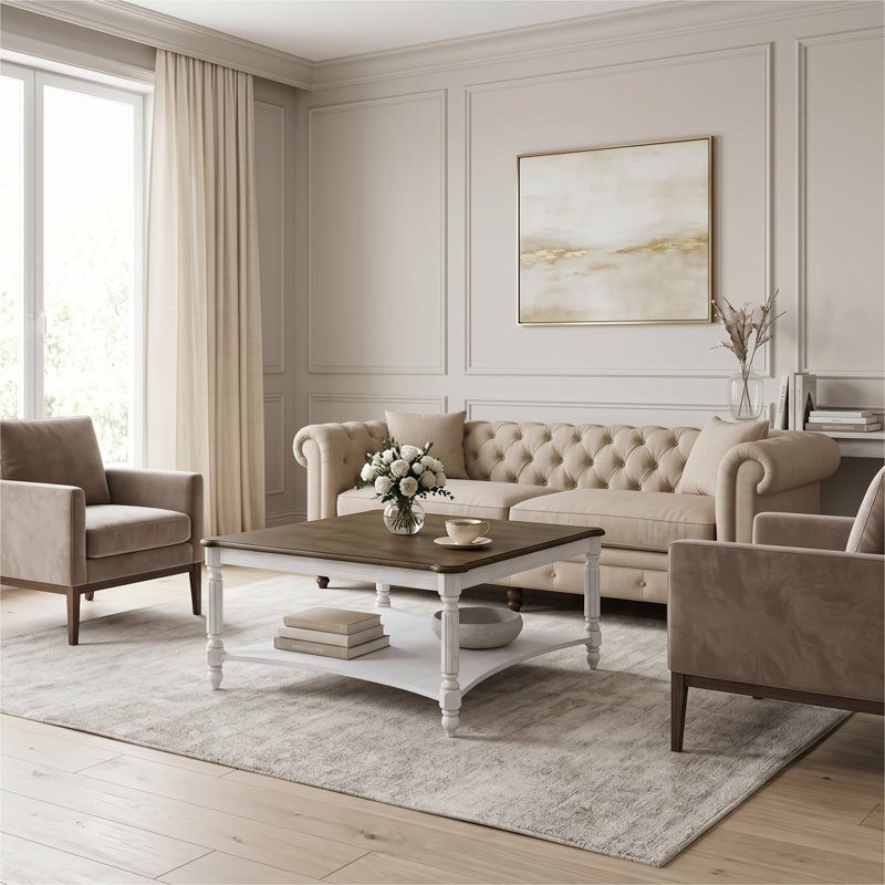 Locke Solid Wood Square Coffee Table, Antique Oak/Antique White