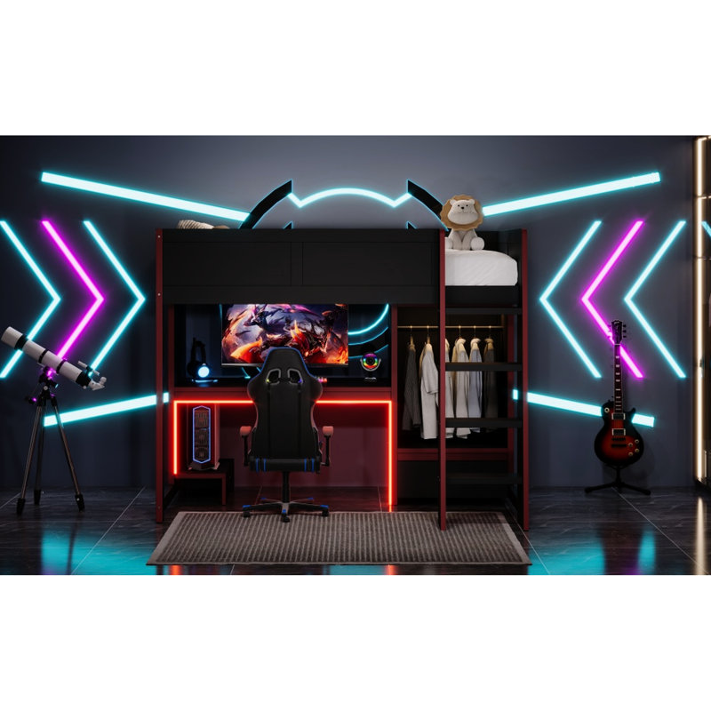 Lit mezzanine simple en bois avec bureau intégré, garde-robe, lampe à DEL et tiroir - multifonctionnel pour les jeunes joueurs polyvalents