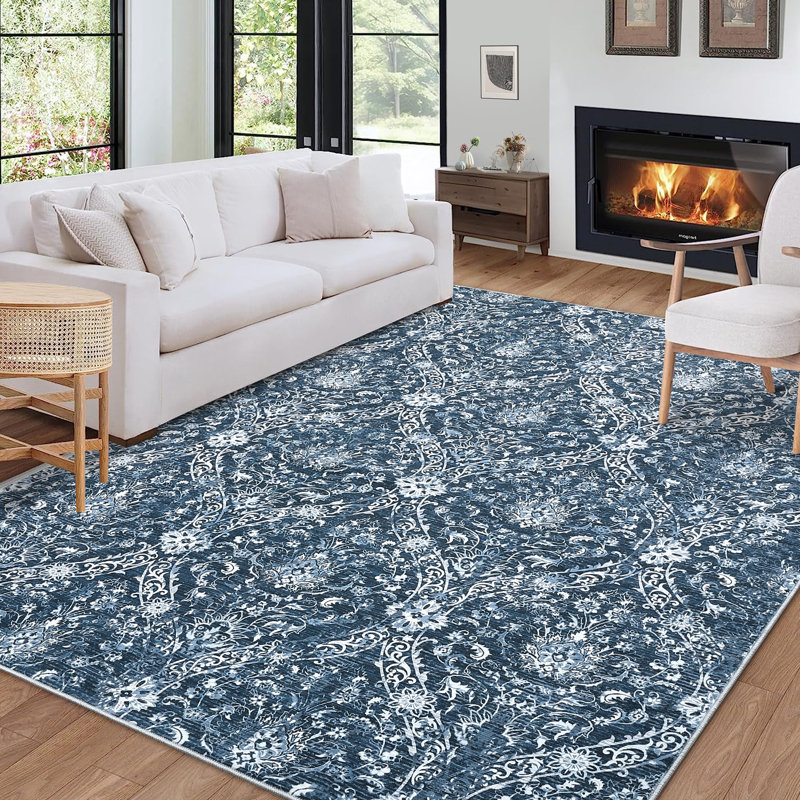 Floral Machine Washable Rug with Rubber Backing for Living Room Non-Slip Area Rug Vintage Indoor Carpet Non-Shedding Rug for Bedroom Dining Room Hallway Kitchen Office Playroom Nursery