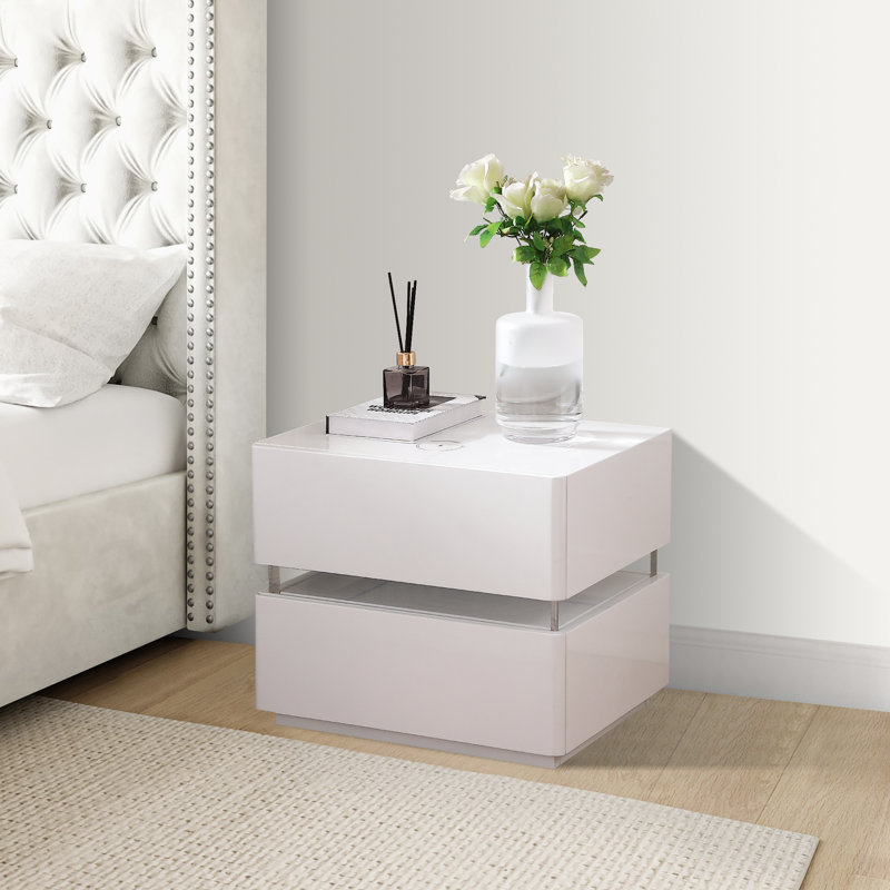 Table de chevet en bois manufacturé Heimdall, Blanc lustré