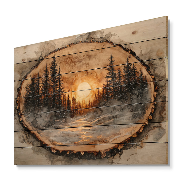 Sunrise Pine Tree on Wooden Tree Slide II - Art mural bois de forêt - sur bois de pin naturel, H 24 po x l 32 po x P 0,78 po