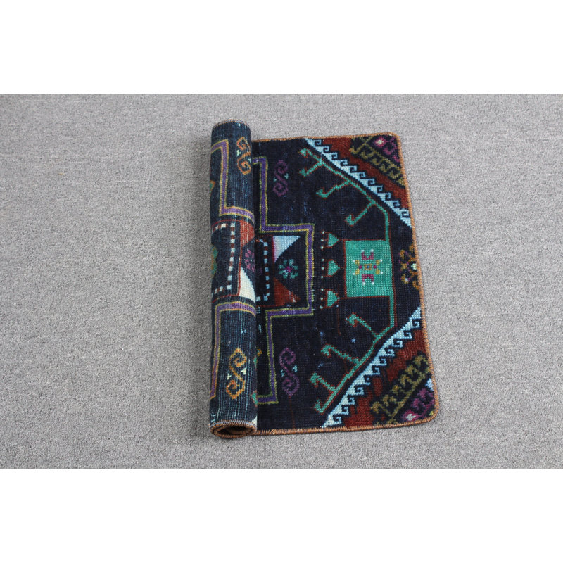 Traditional Small Turkish Anatolian Wool Rug in Vibrant Blue for Entryway Decor