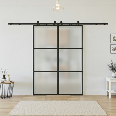 Metal And Glass Sliding Double Barn Doors With Installation Hardware Kit ( Soft-Close Included)