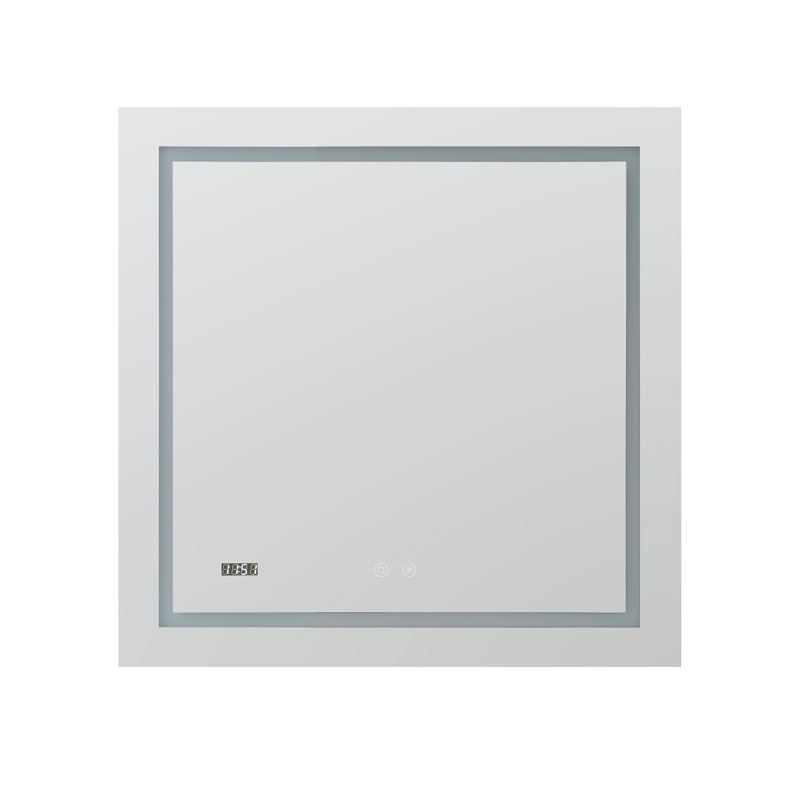 Silver Rectangular LED Lighted Bathroom Mirror with Digital Clock