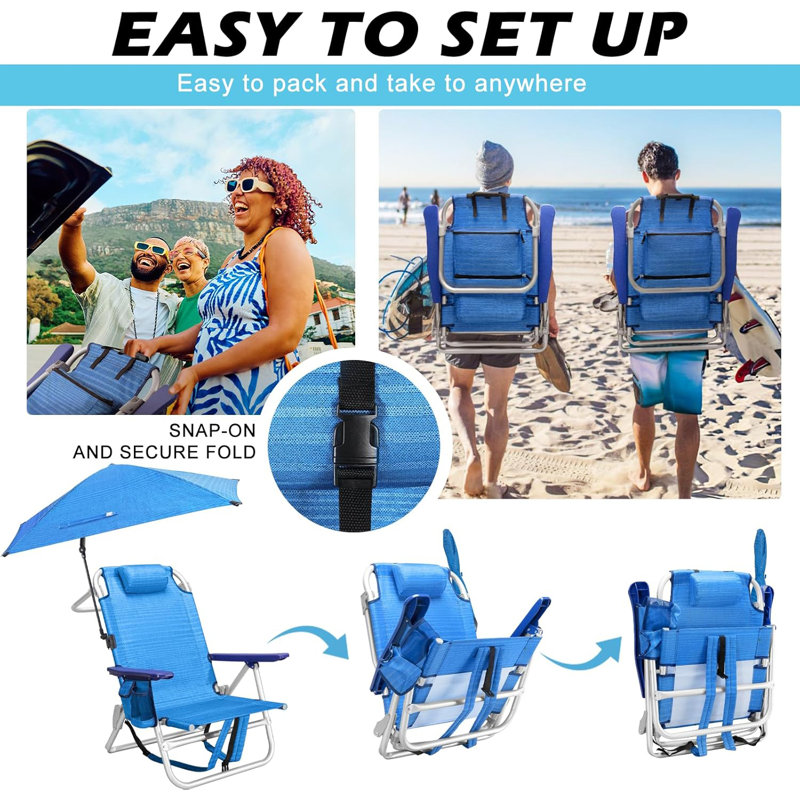 Beach Chair, Backpack Chairs For Adults With Adjustable Umbrella， Adjustable Lounge Chair For Seaside, Dark Blue, 1