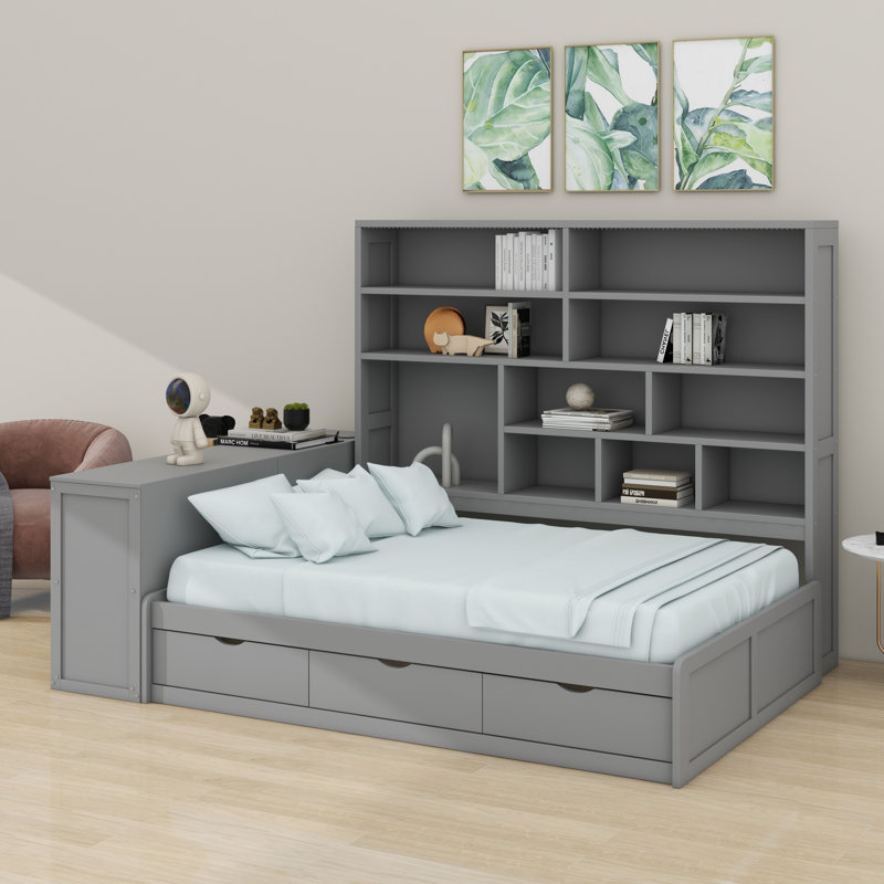 Lit de jour avec tiroirs, bureau, tablettes et lumières, Gris