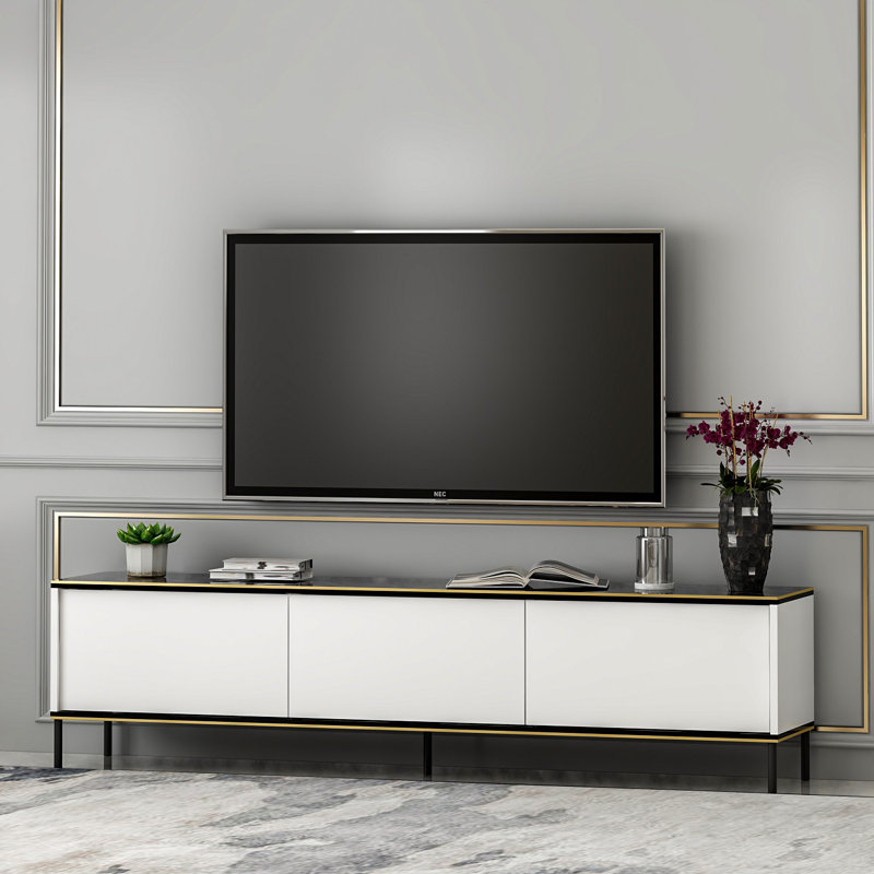 Modern White TV Stand with Numerous Shelves, 70.9 x 17.8 x 13.8 inches | 100% Melamine Coated Particle Board, Thickness: 0.7 inches | Wall-Mountable Design, Stylish and Functional for Living Room or Entertainment Center