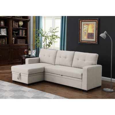 Canapé modulaire rembourré beige avec méridienne escamotable et rangement - Coussins de dossier amovibles en lin à 3 sièges rembourrés de mousse pour le divertissement des invités