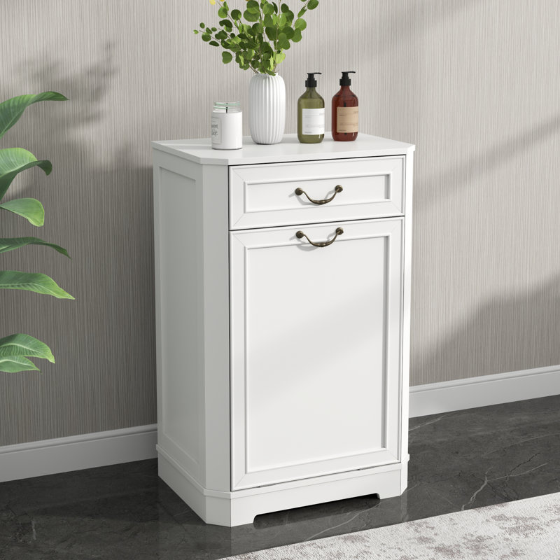 Armoire à paniers à linge inclinable, armoire à poubelle avec tiroir 15 gallons, armoire à linge cachée avec panier à linge, armoires à poubelle pour salle de bain, cuisine, simple, blanc