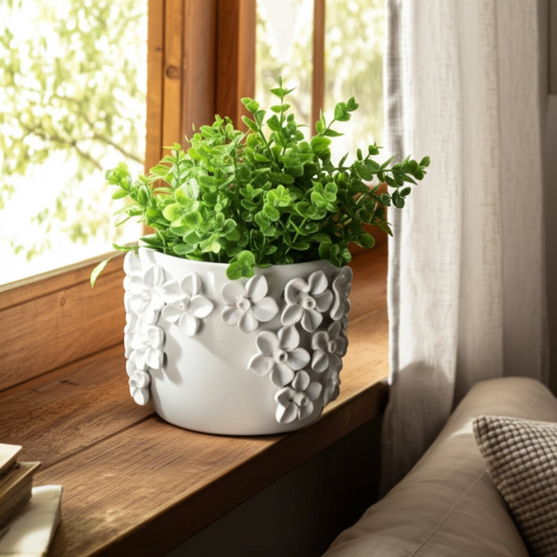 Sagebrook Home 7" Floral Applique Planter, White, 5" H x 6" W x 6" D, White
