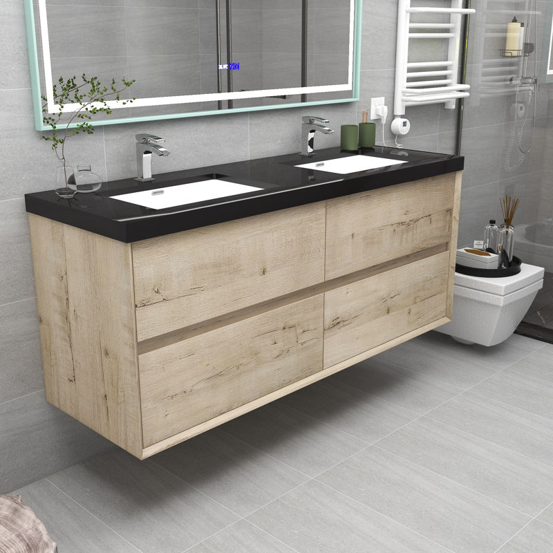 Smariti 60" Wall-Mounted Double Bathroom Vanity Set, Light Oak