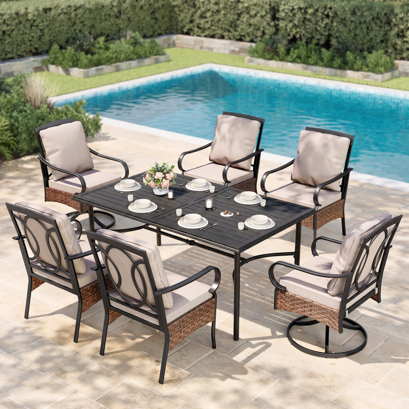 Sutiya 6 - Person Rectangular Outdoor Dining Set with 2 Swivel Chairs & Cushions